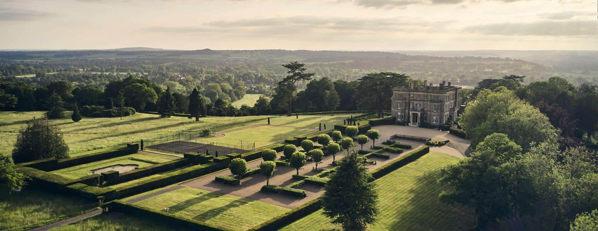 Bird’s-eye view of the elegant grounds at Hedsor House with last-minute wedding availability